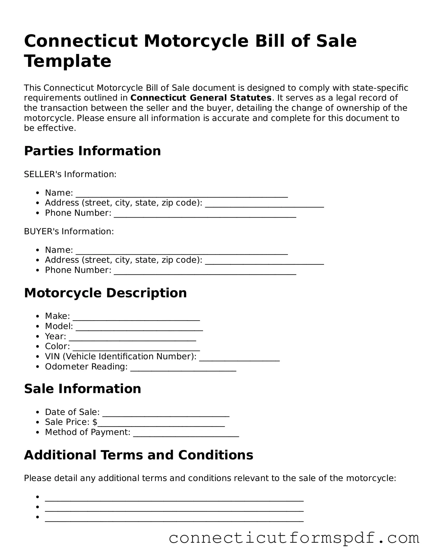 Connecticut Motorcycle Bill of Sale Form