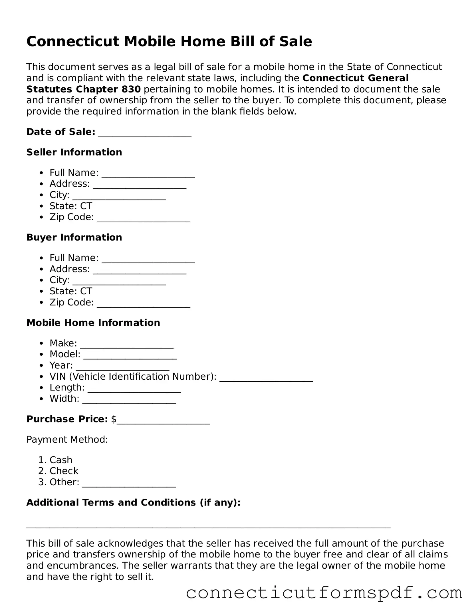 Connecticut Mobile Home Bill of Sale Form