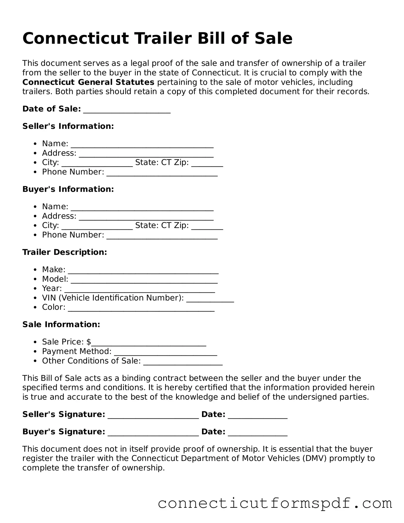 Connecticut Trailer Bill of Sale Form