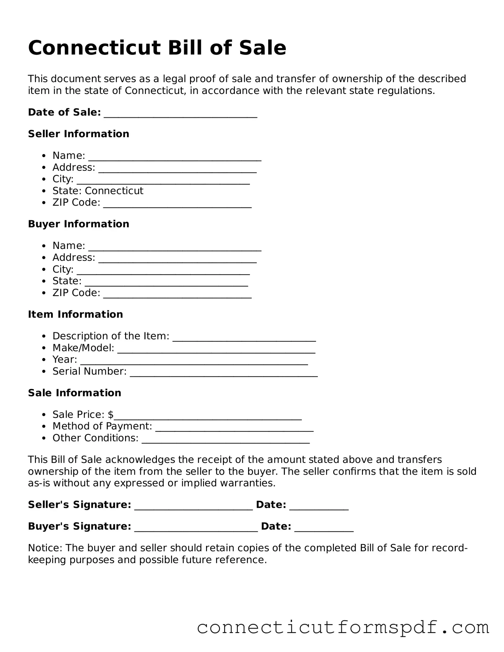 Connecticut Bill of Sale Form