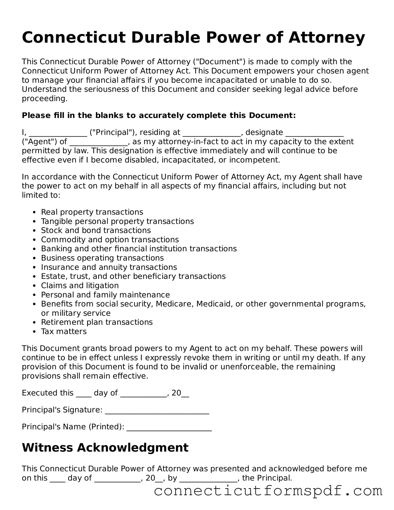 Connecticut Durable Power of Attorney Form