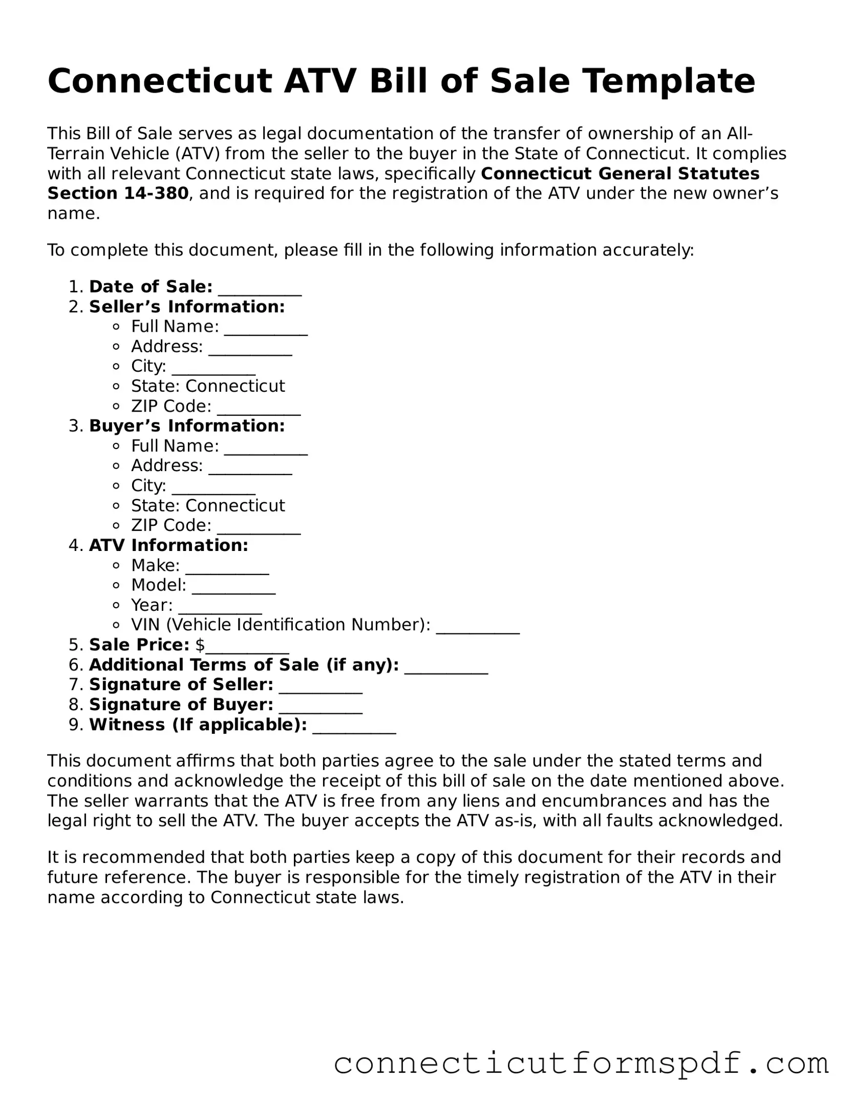 Connecticut ATV Bill of Sale Form