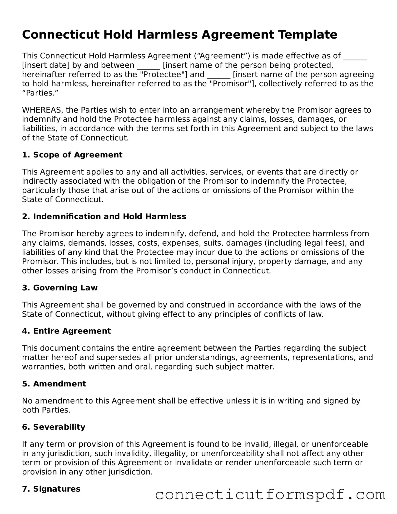 Connecticut Hold Harmless Agreement Form