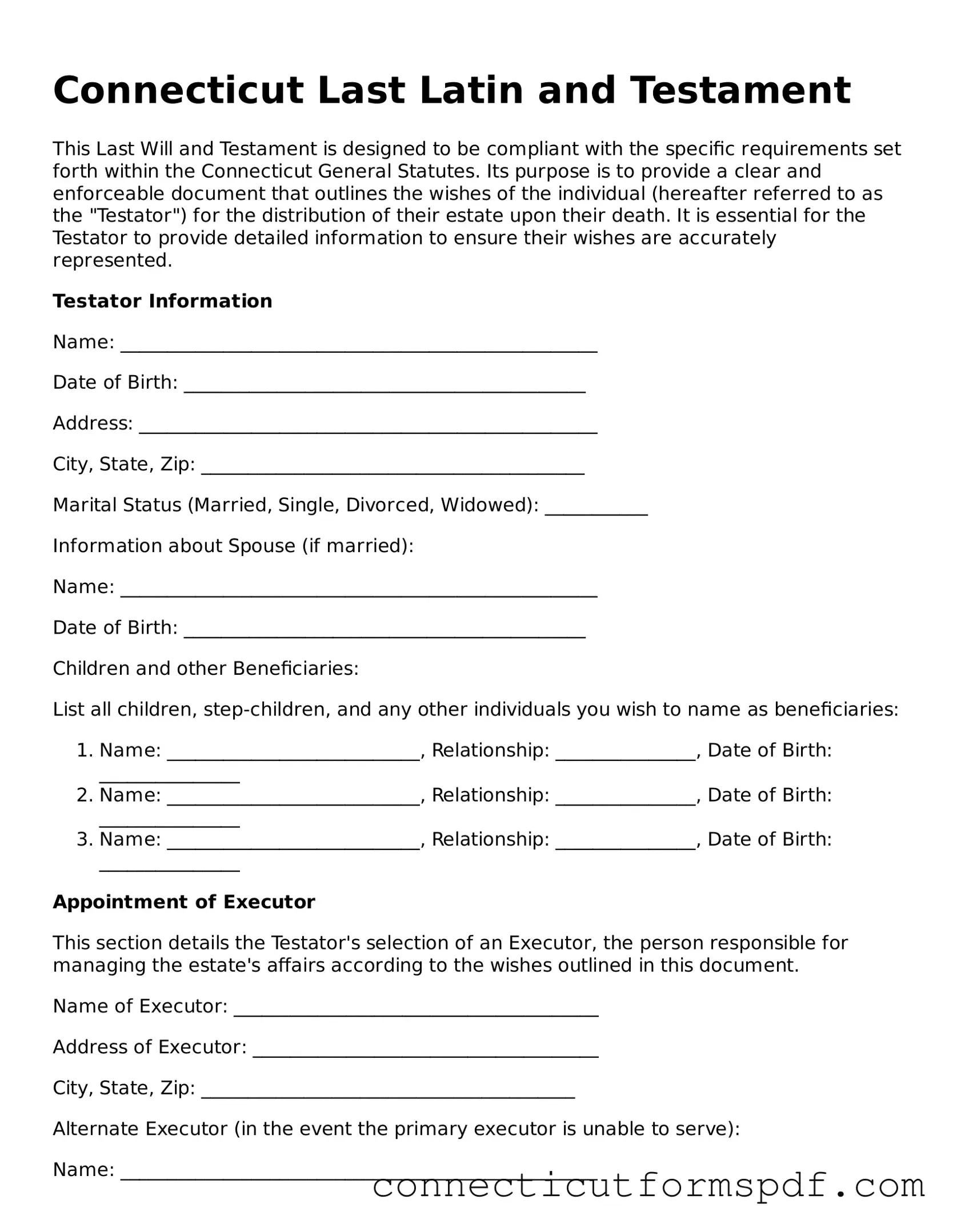Connecticut Last Will and Testament Form