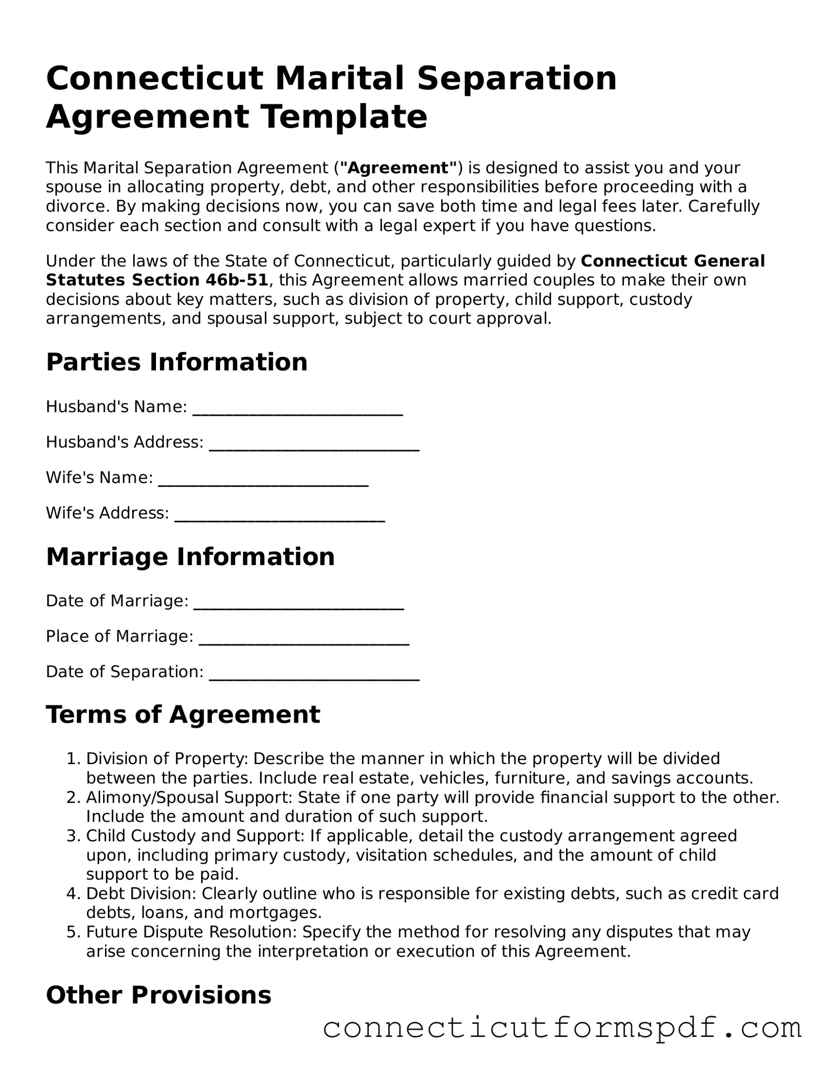 Connecticut Marital Separation Agreement Form