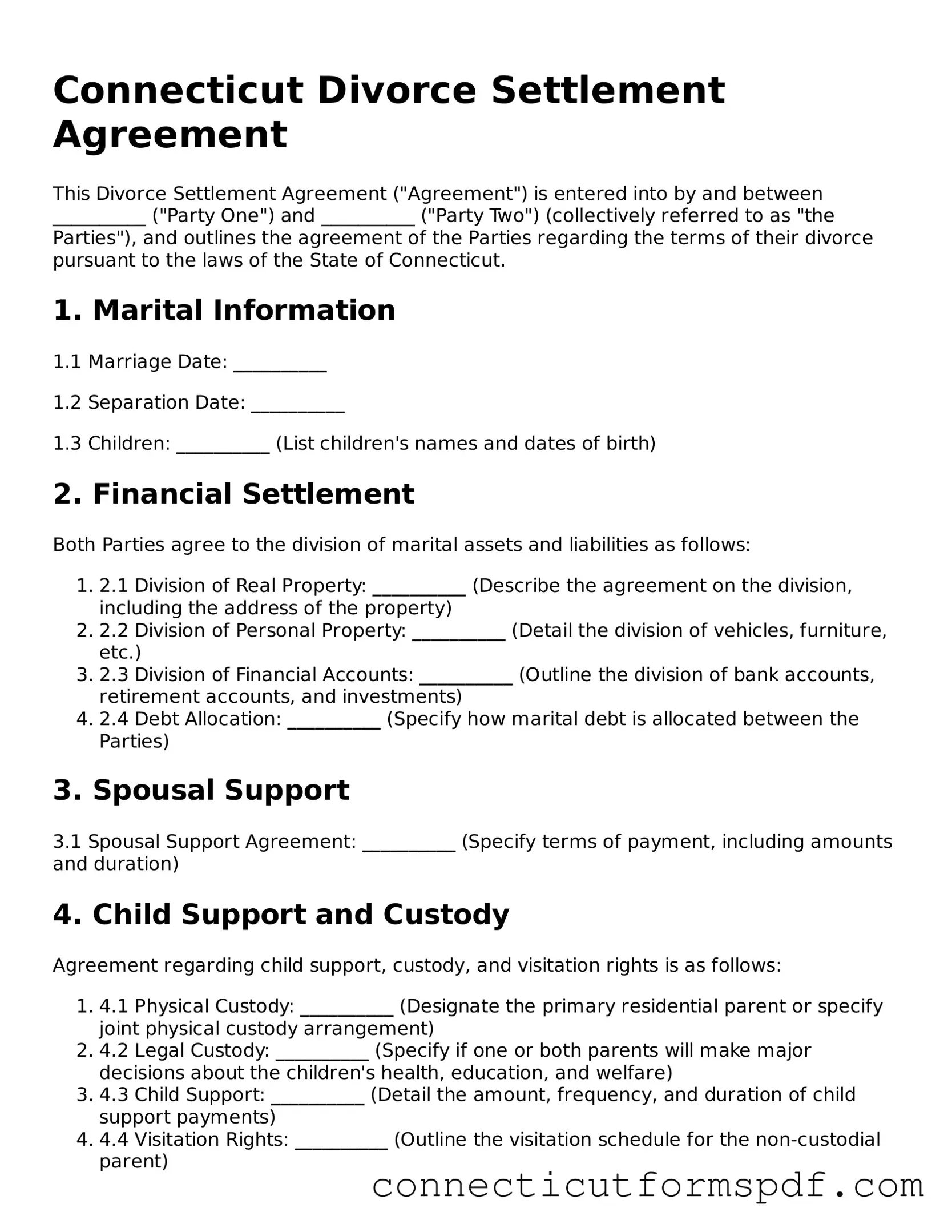 Connecticut Divorce Settlement Agreement Form
