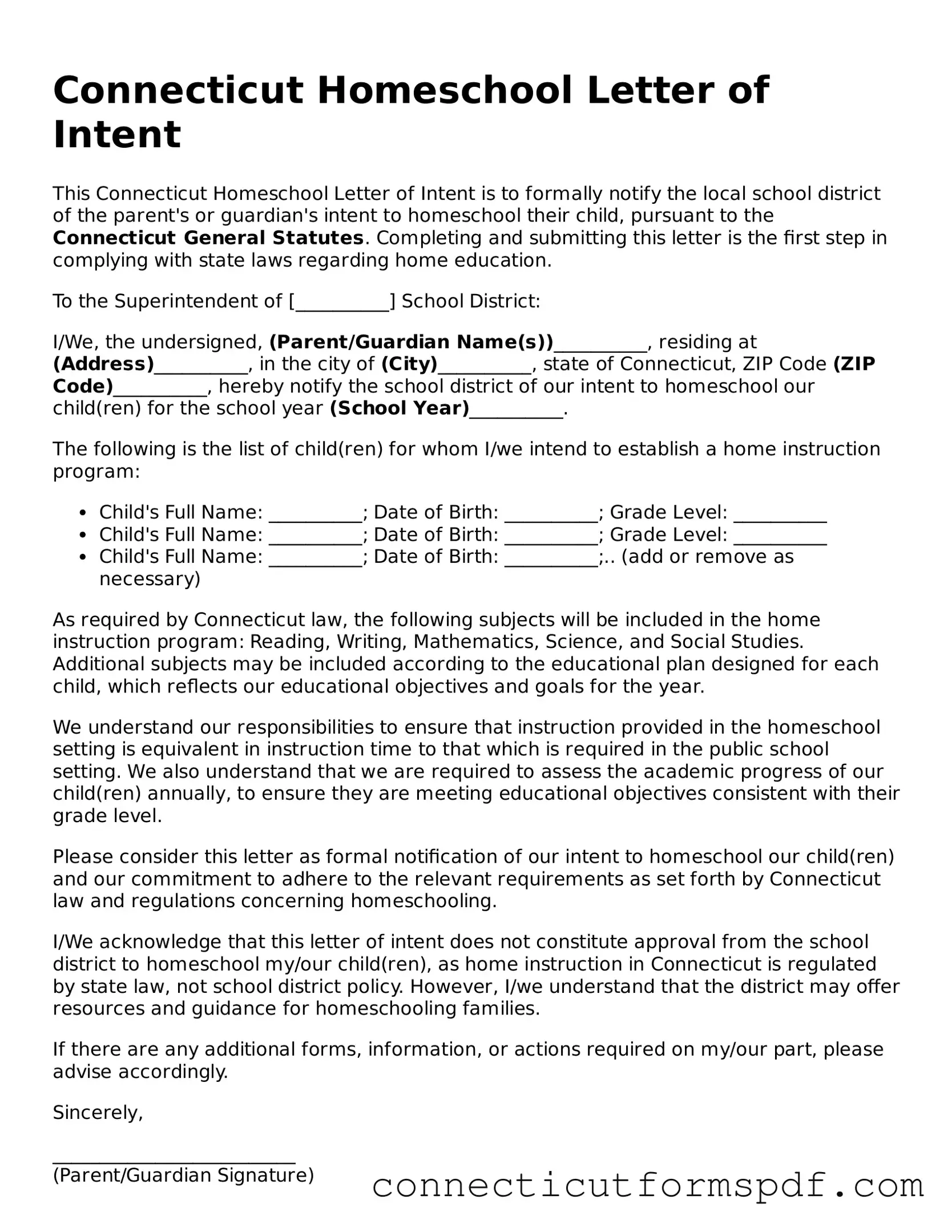 Connecticut Homeschool Letter of Intent Form