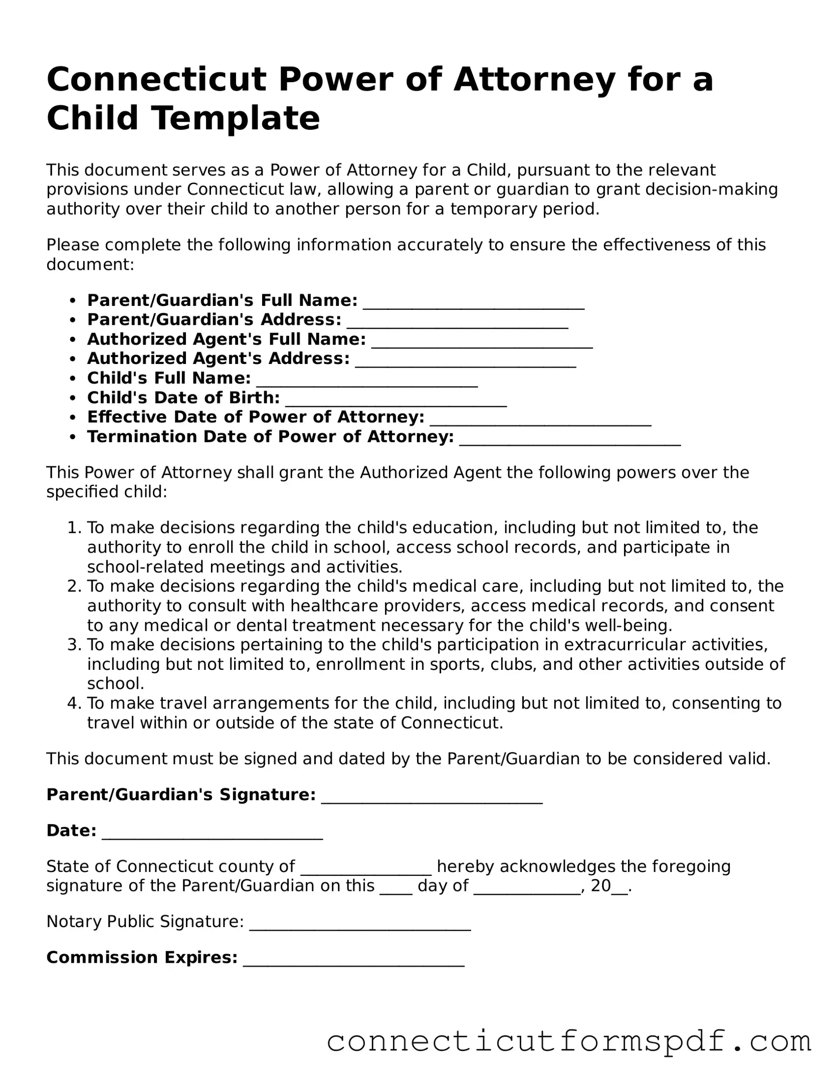 Connecticut Power of Attorney for a Child Form