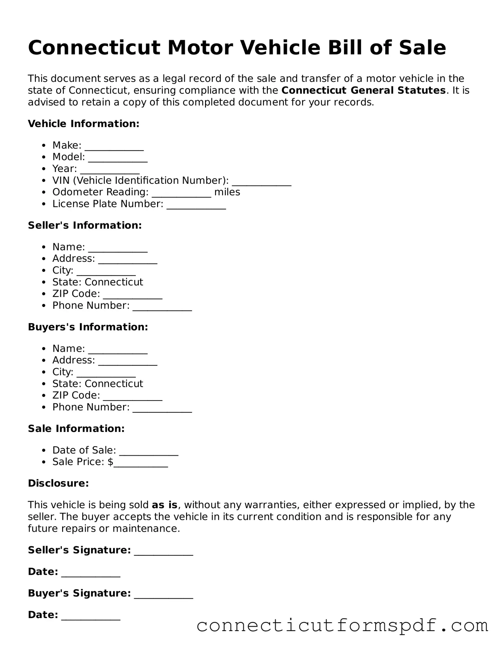 Connecticut Motor Vehicle Bill of Sale Form