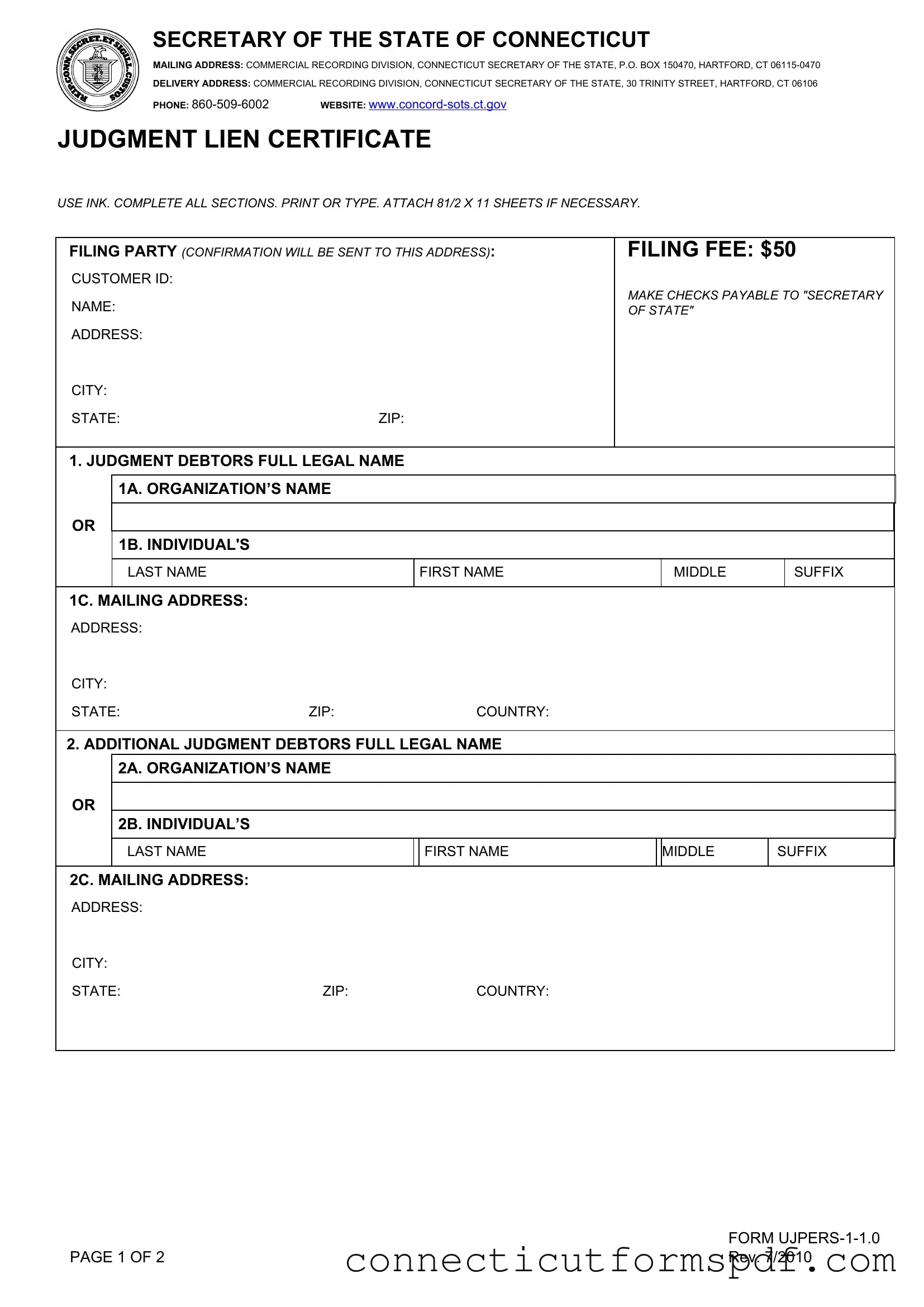 Fill Out a Valid Judgment Lien Certificate Connecticut Template