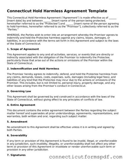 Connecticut Hold Harmless Agreement Form