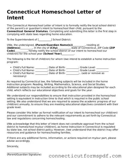 Connecticut Homeschool Letter of Intent Form